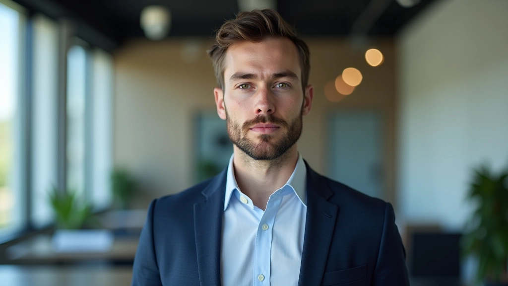 Personne en costume travaillant à un bureau avec un regard concentré, bureaux modernes en arrière-plan