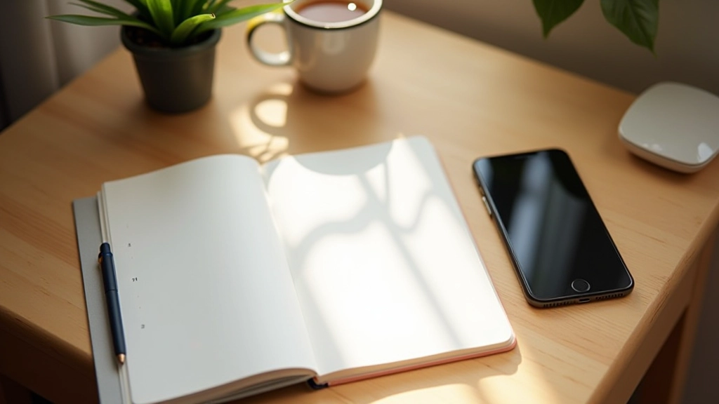 Bureau épuré avec un cahier ouvert, une tasse de café et un téléphone face vers le bas sur une table en bois