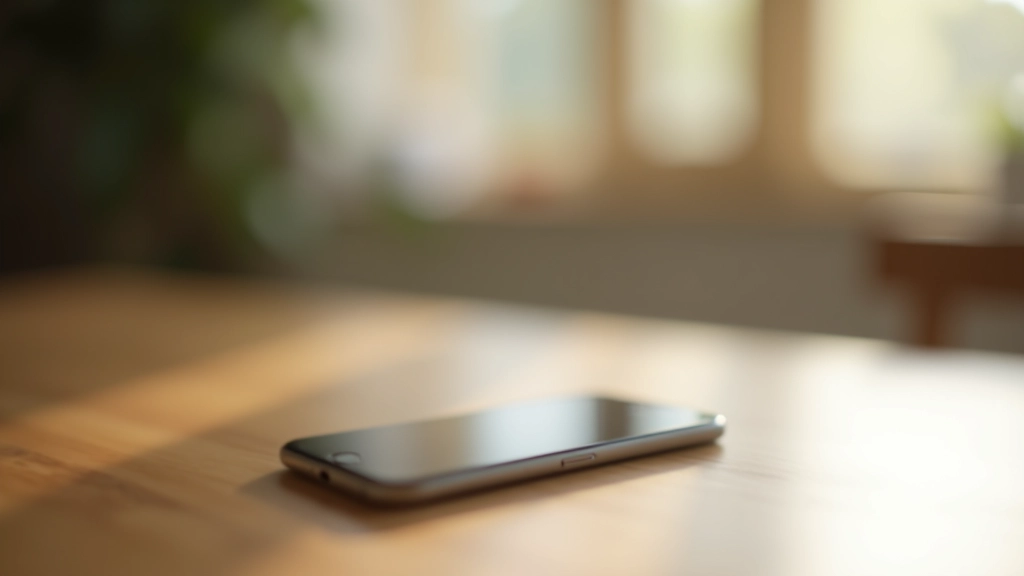 Smartphone sur table avec écran noir, environnement calme et serein