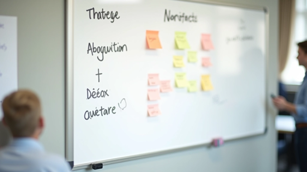 Tableau blanc avec des notes écrites à la main et un marqueur, espace de travail collaboratif