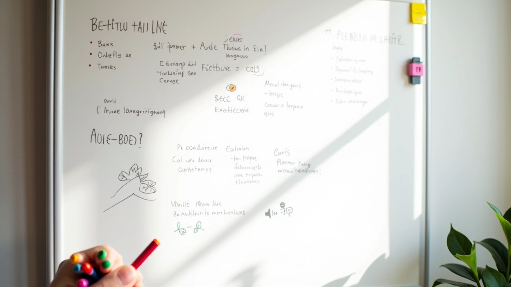 Tableau blanc avec notes manuscrites et diagrammes, stylos colorés, environnement créatif et organisé
